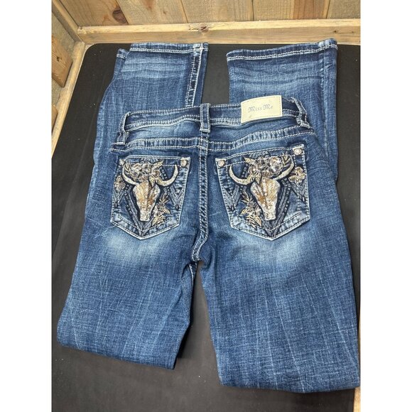Miss Me Womens Distressed Blue Denim Jeans W26 Embellished Bull Low-Rise Bootcut - Picture 1 of 10